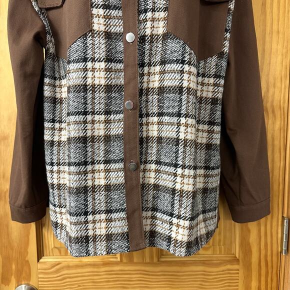 New! Women’s Sz S Button Shirt Jacket 2 Breast Pockets Long Sleeve Brown & Cream - Picture 3 of 11